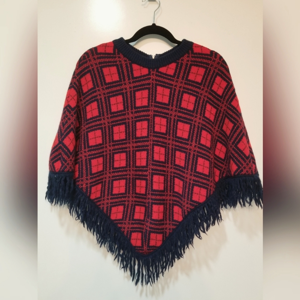Vintage Tami Plaid Red & Blue Wool Poncho Shawl